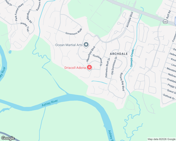 map of restaurants, bars, coffee shops, grocery stores, and more near 8101 Penshire Court in Charleston