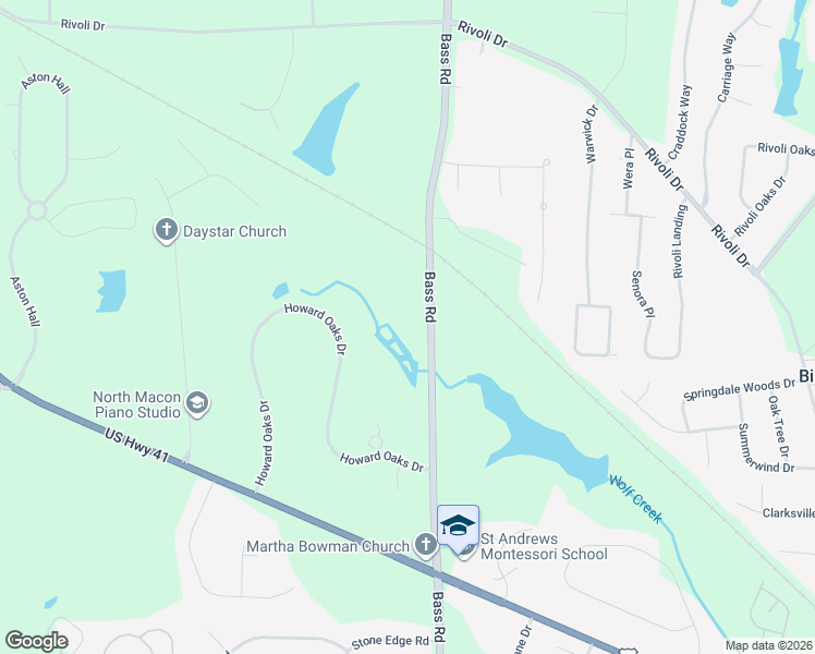 map of restaurants, bars, coffee shops, grocery stores, and more near 732 Bass Road in Macon
