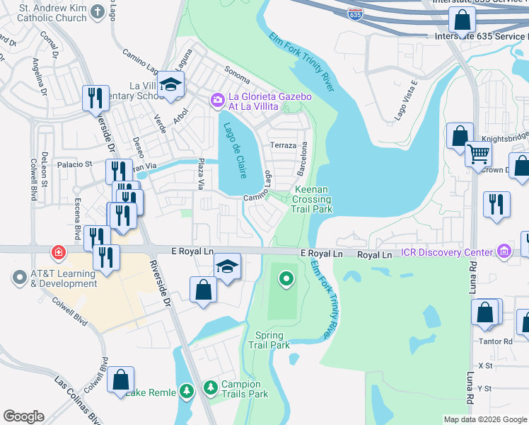 map of restaurants, bars, coffee shops, grocery stores, and more near 6442 Malaga in Irving