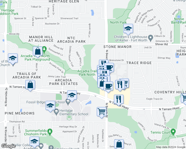 map of restaurants, bars, coffee shops, grocery stores, and more near 8669 North Beach Street in Fort Worth