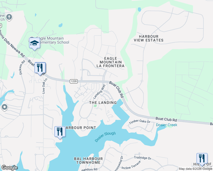 map of restaurants, bars, coffee shops, grocery stores, and more near 9721 Lea Shore Court in Fort Worth