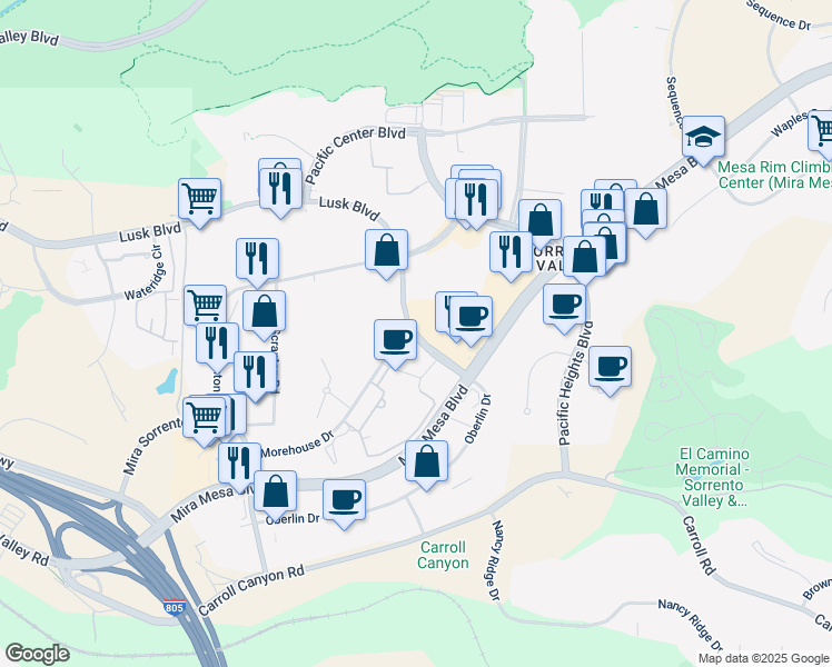map of restaurants, bars, coffee shops, grocery stores, and more near 6101 Lusk Boulevard in San Diego