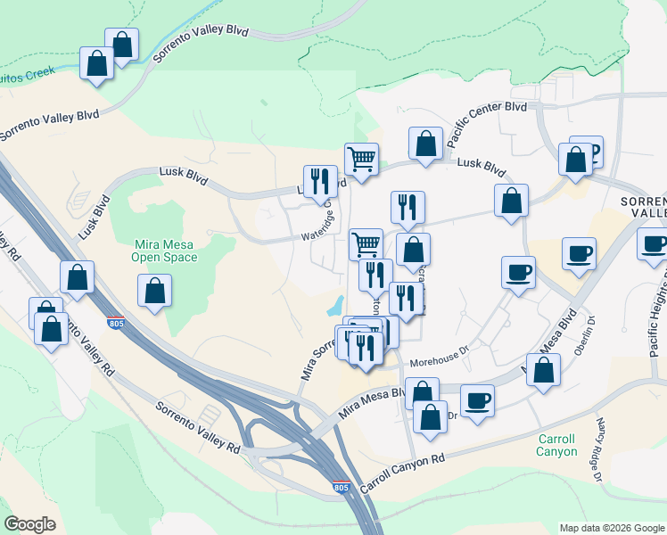 map of restaurants, bars, coffee shops, grocery stores, and more near 10242 Wateridge Circle in San Diego