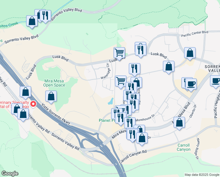 map of restaurants, bars, coffee shops, grocery stores, and more near 10288 Wateridge Circle in San Diego