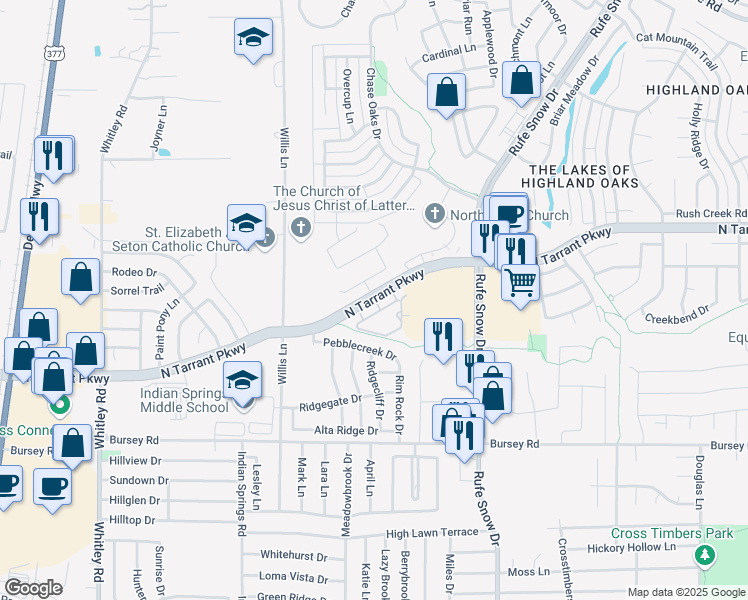 map of restaurants, bars, coffee shops, grocery stores, and more near 512 North Tarrant Parkway in Keller