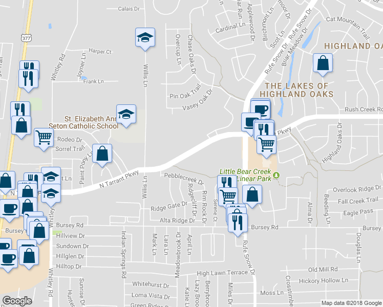 map of restaurants, bars, coffee shops, grocery stores, and more near 517 North Tarrant Parkway in Keller