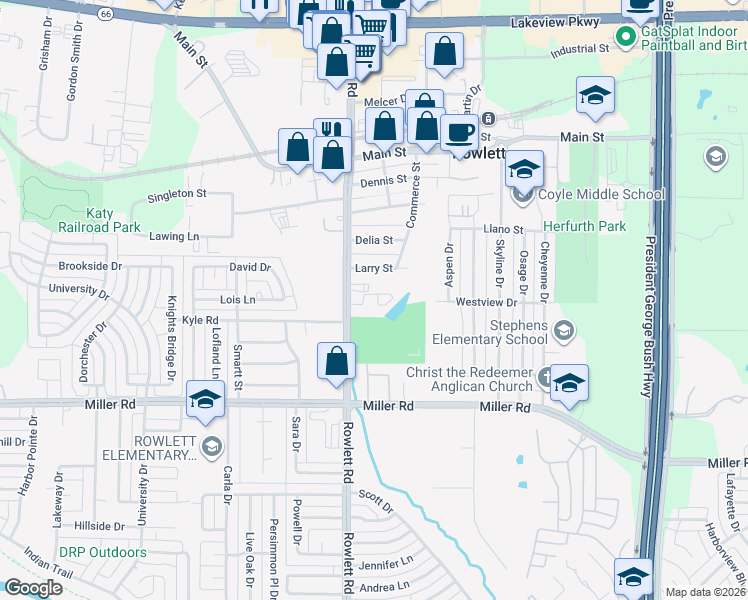 map of restaurants, bars, coffee shops, grocery stores, and more near 3988 Rowlett Road in Rowlett