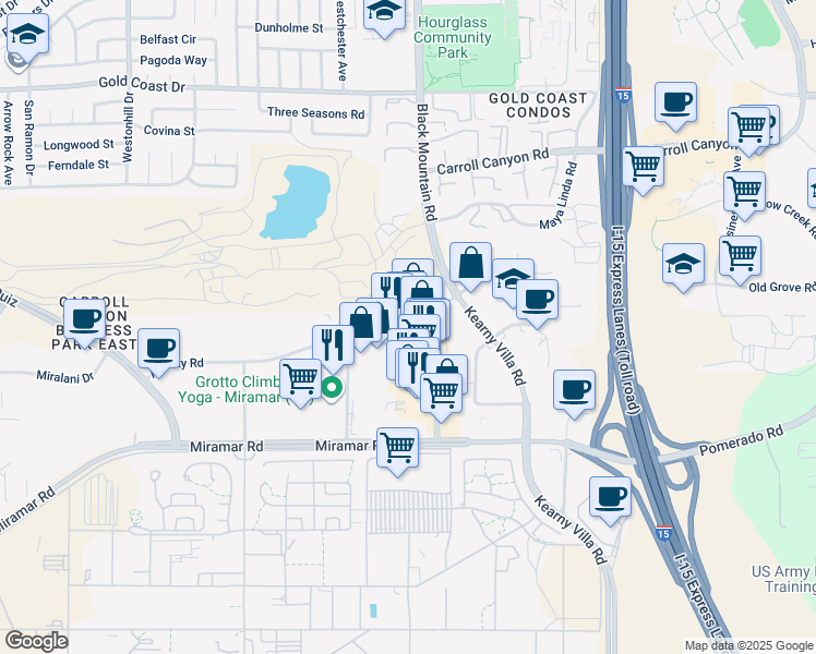 map of restaurants, bars, coffee shops, grocery stores, and more near 9630 Black Mountain Road in San Diego
