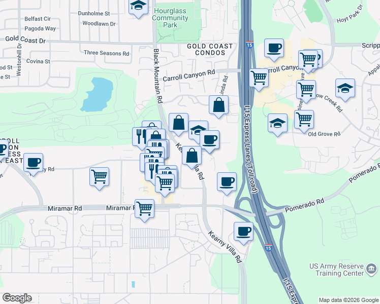 map of restaurants, bars, coffee shops, grocery stores, and more near 9605 Kearny Villa Road in San Diego