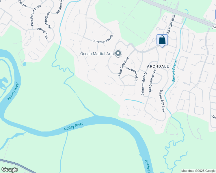 map of restaurants, bars, coffee shops, grocery stores, and more near 8163 Sherbrooke Lane in North Charleston