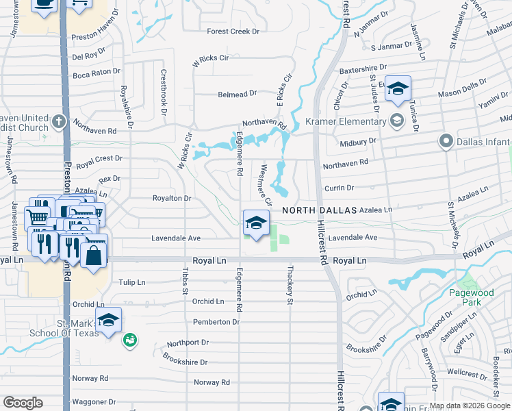 map of restaurants, bars, coffee shops, grocery stores, and more near 11021 Westmere Circle in Dallas