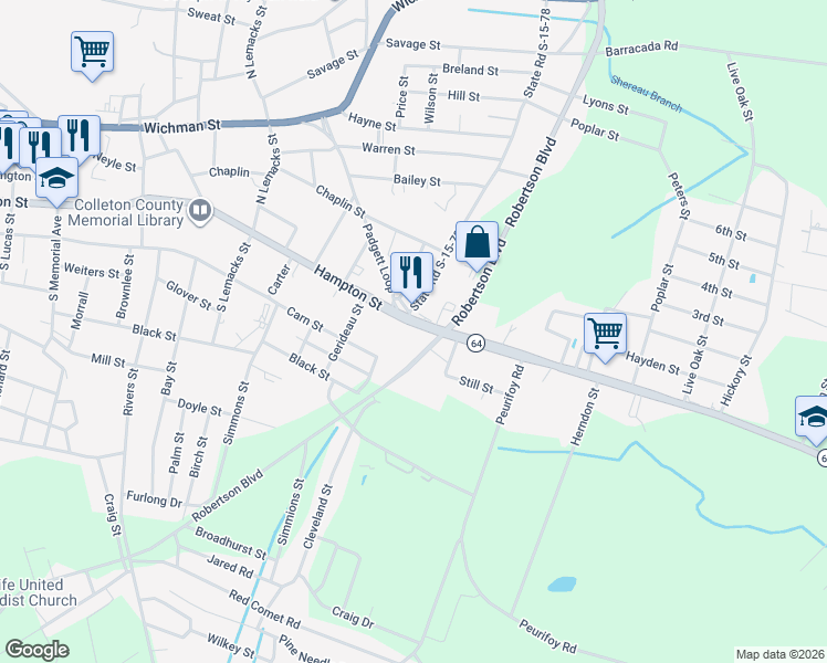 map of restaurants, bars, coffee shops, grocery stores, and more near 12 State Road S-15-78 in Walterboro