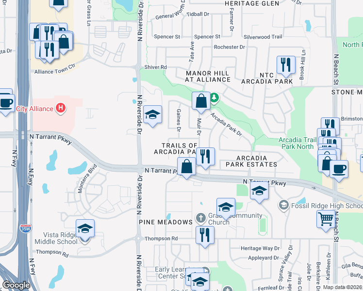 map of restaurants, bars, coffee shops, grocery stores, and more near 3824 Carlsbad Way in Fort Worth