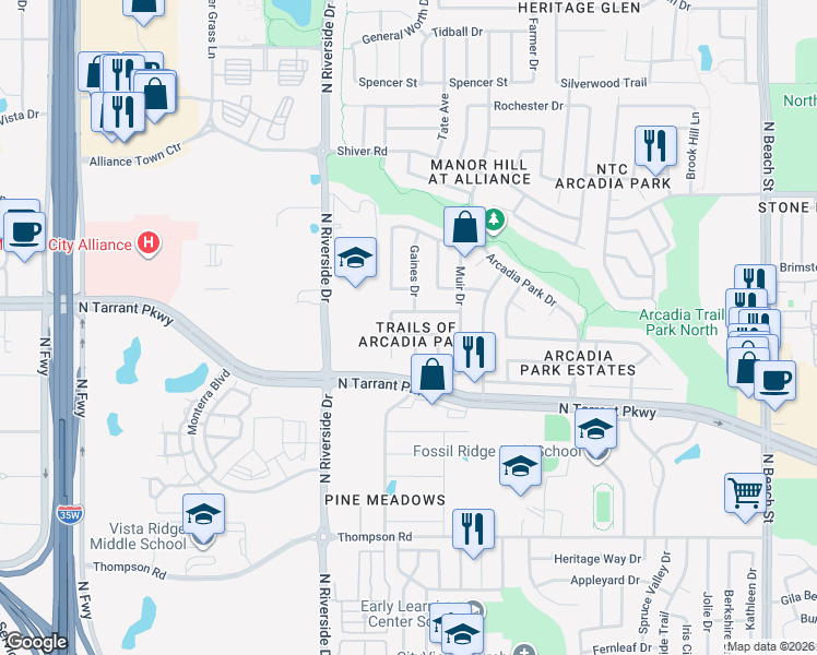 map of restaurants, bars, coffee shops, grocery stores, and more near 3824 Carlsbad Way in Fort Worth