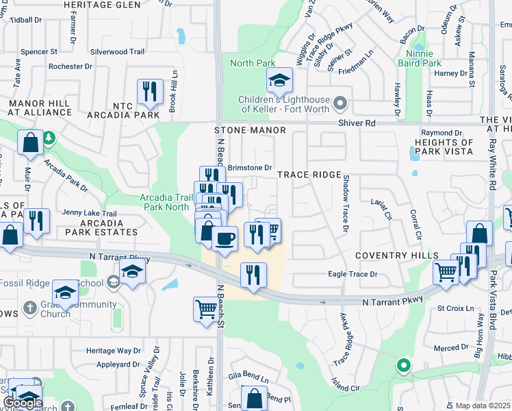 map of restaurants, bars, coffee shops, grocery stores, and more near 8660 North Beach Street in Fort Worth