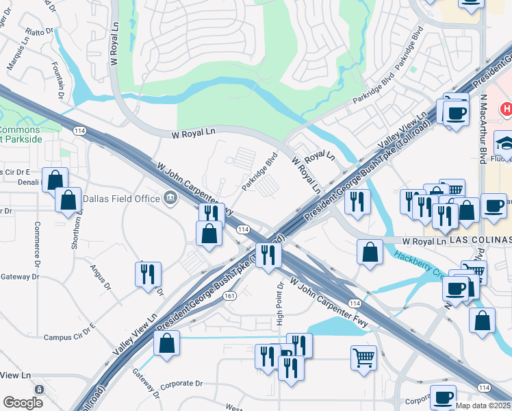 map of restaurants, bars, coffee shops, grocery stores, and more near 6535 State Highway 161 in Irving