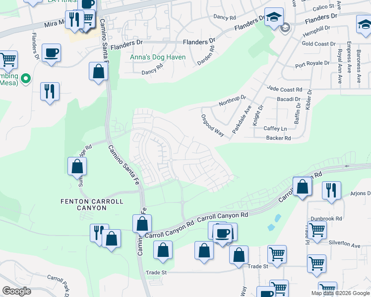 map of restaurants, bars, coffee shops, grocery stores, and more near 10014 Osgood Way in San Diego