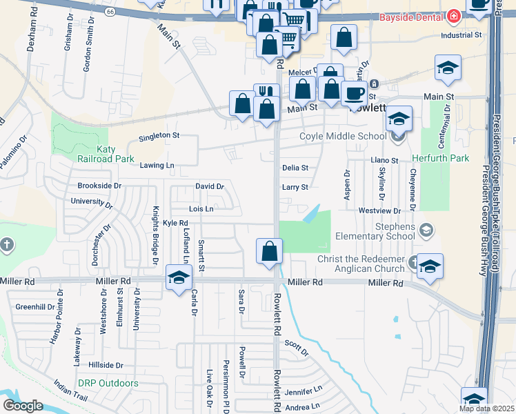 map of restaurants, bars, coffee shops, grocery stores, and more near 4001-4199 Rowlett Road in Rowlett