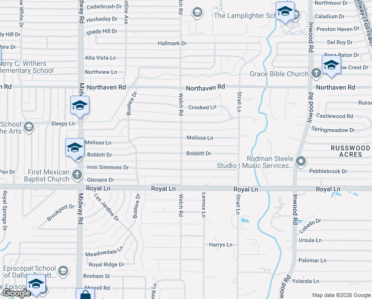 map of restaurants, bars, coffee shops, grocery stores, and more near 4611 Bobbitt Drive in Dallas