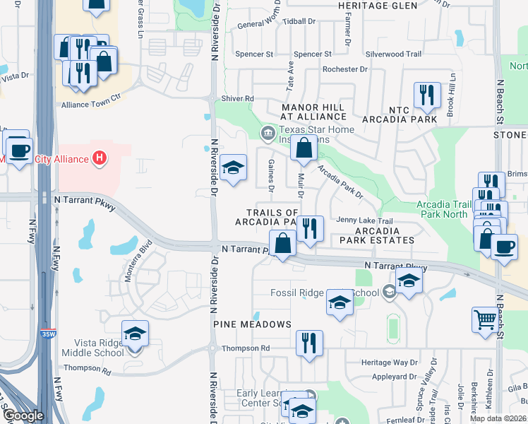 map of restaurants, bars, coffee shops, grocery stores, and more near 3824 Carlsbad Way in Fort Worth