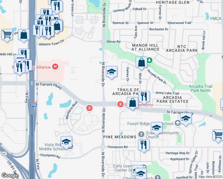 map of restaurants, bars, coffee shops, grocery stores, and more near 8600 North Riverside Drive in Fort Worth