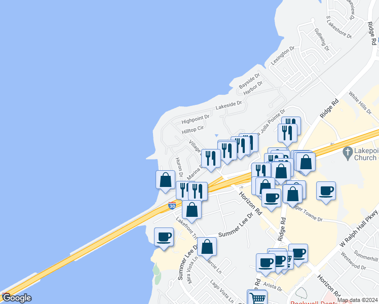 map of restaurants, bars, coffee shops, grocery stores, and more near 1860 Tahoe Drive in Rockwall