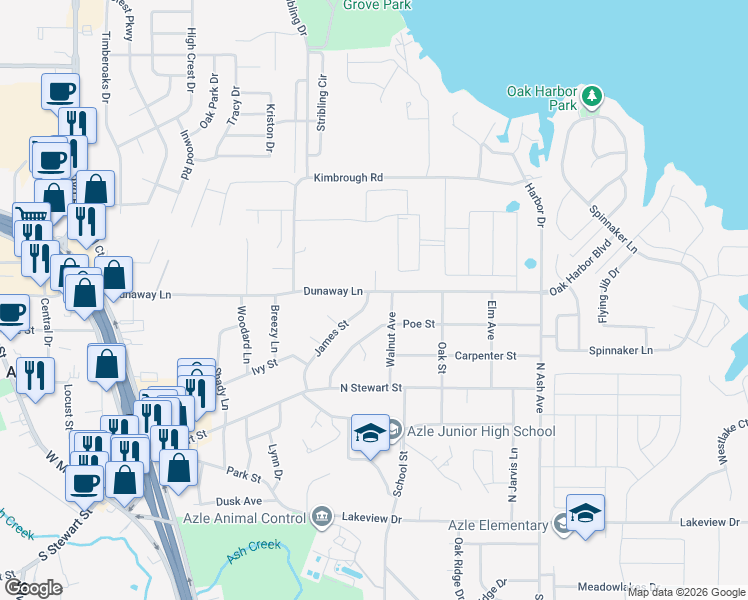 map of restaurants, bars, coffee shops, grocery stores, and more near 844 James Street in Azle