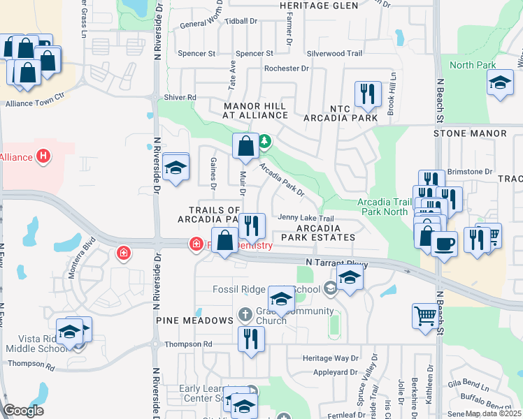 map of restaurants, bars, coffee shops, grocery stores, and more near 8612 Rainy Lake Drive in Fort Worth
