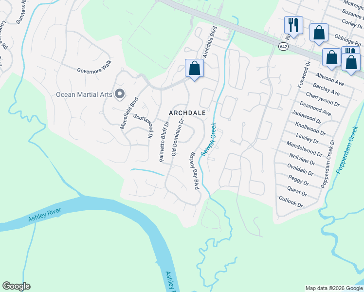 map of restaurants, bars, coffee shops, grocery stores, and more near 116 Bindon Circle in Charleston