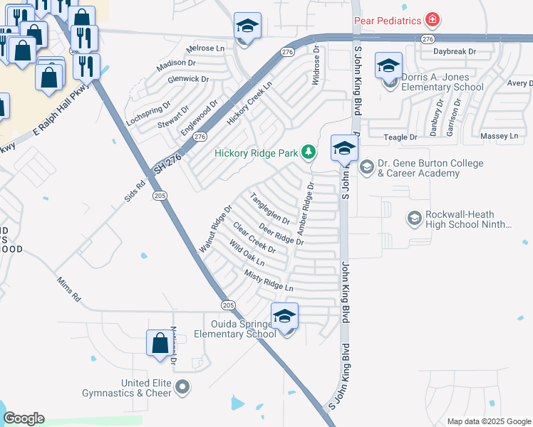map of restaurants, bars, coffee shops, grocery stores, and more near 2853 Tangleglen Drive in Rockwall