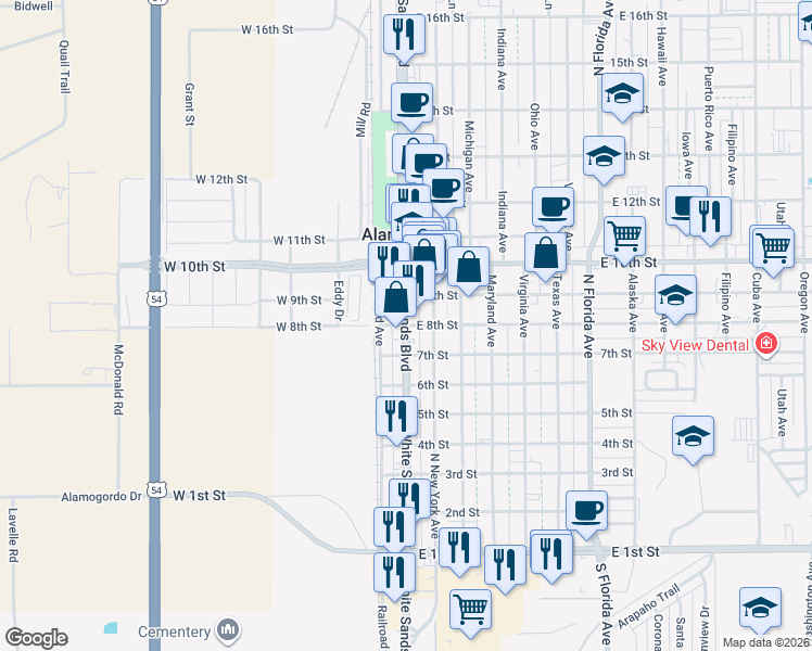 map of restaurants, bars, coffee shops, grocery stores, and more near 801 North White Sands Boulevard in Alamogordo
