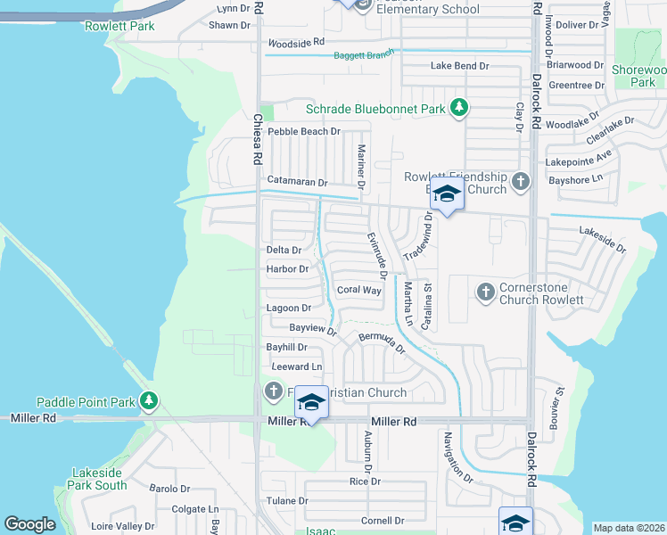 map of restaurants, bars, coffee shops, grocery stores, and more near 7602 Tidewater Drive in Rowlett
