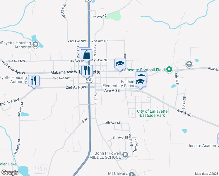 map of restaurants, bars, coffee shops, grocery stores, and more near 206 Ave A Southeast in La Fayette