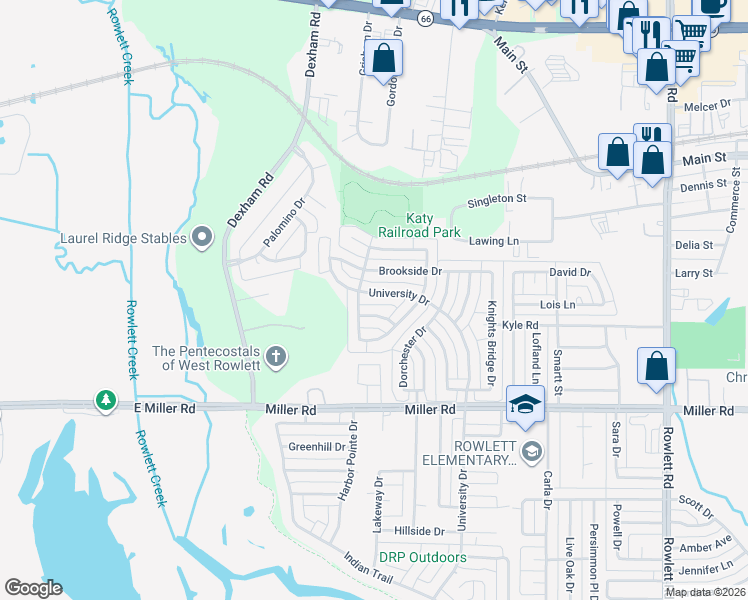 map of restaurants, bars, coffee shops, grocery stores, and more near 2310 University Drive in Rowlett