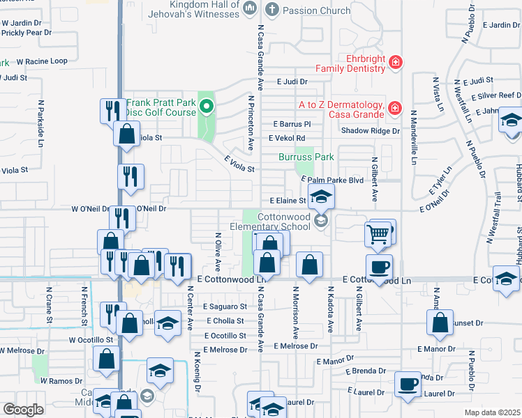 map of restaurants, bars, coffee shops, grocery stores, and more near North Casa Grande Avenue in Casa Grande