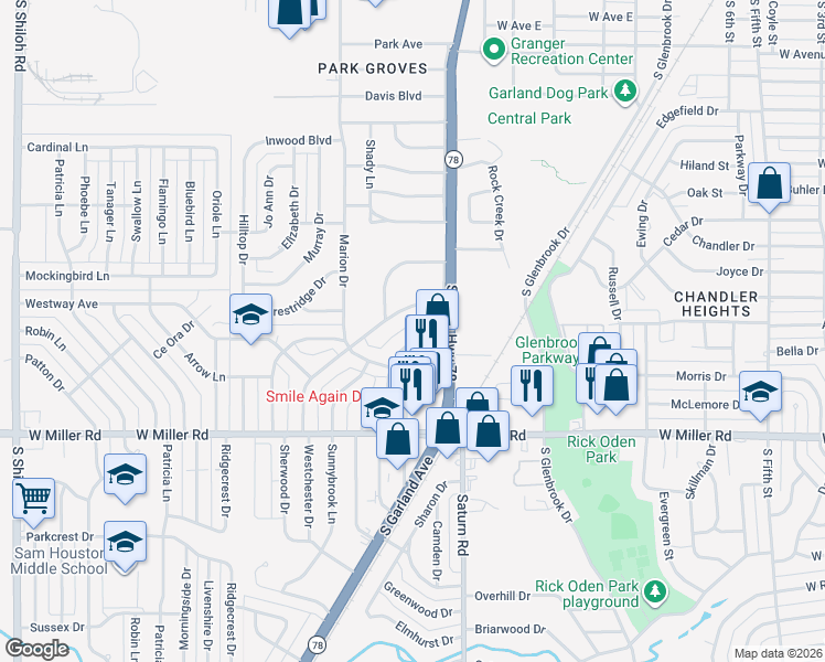 map of restaurants, bars, coffee shops, grocery stores, and more near 1405 Williams Drive in Garland