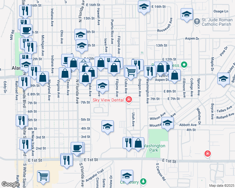map of restaurants, bars, coffee shops, grocery stores, and more near 1109 8th Street in Alamogordo