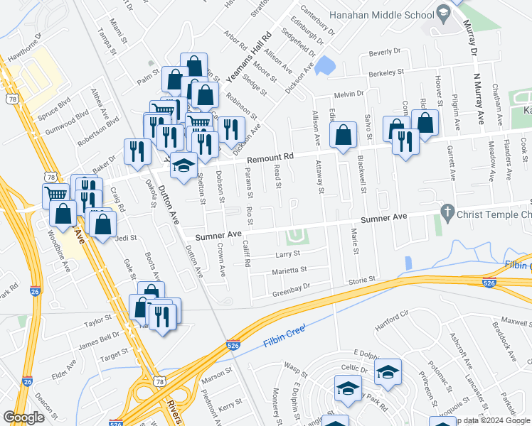 map of restaurants, bars, coffee shops, grocery stores, and more near 5530 Rio Street in North Charleston