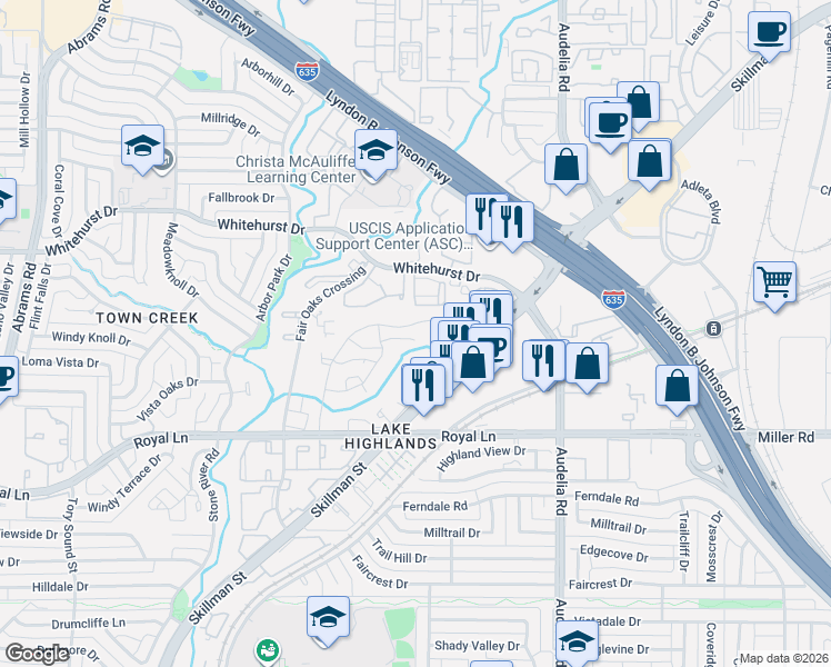 map of restaurants, bars, coffee shops, grocery stores, and more near 8682 Coppertowne Lane in Dallas
