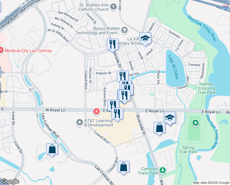 map of restaurants, bars, coffee shops, grocery stores, and more near 6483-6521 Riverside Dr in Irving