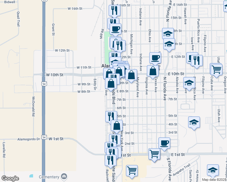 map of restaurants, bars, coffee shops, grocery stores, and more near 801 North White Sands Boulevard in Alamogordo