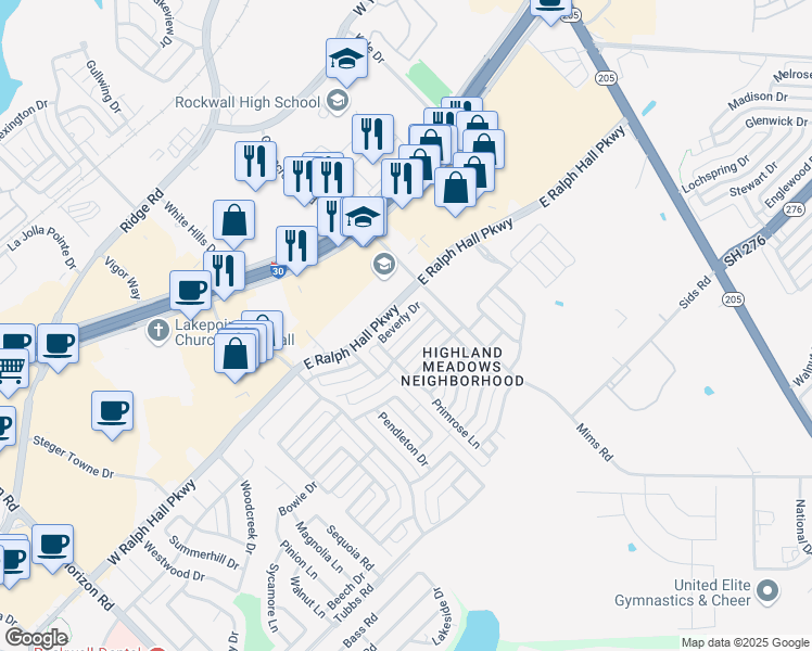 map of restaurants, bars, coffee shops, grocery stores, and more near 2820 Beverly Drive in Rockwall