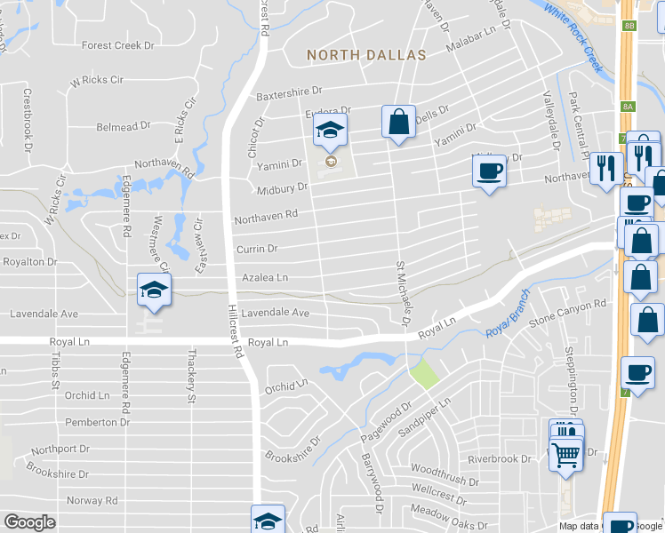 map of restaurants, bars, coffee shops, grocery stores, and more near 7115 Azalea Lane in Dallas