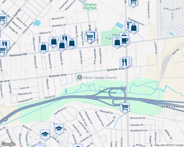 map of restaurants, bars, coffee shops, grocery stores, and more near 1270 Sumner Avenue in North Charleston