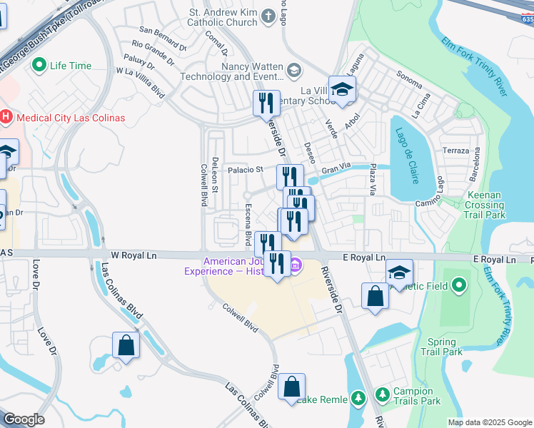 map of restaurants, bars, coffee shops, grocery stores, and more near 310 Gran Via in Irving