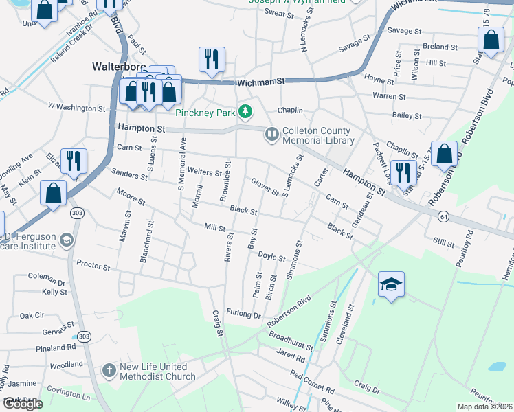 map of restaurants, bars, coffee shops, grocery stores, and more near 317 Bay Street in Walterboro
