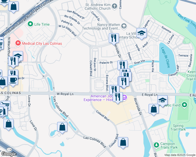 map of restaurants, bars, coffee shops, grocery stores, and more near 6519 Escena Boulevard in Irving