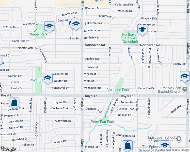 map of restaurants, bars, coffee shops, grocery stores, and more near 3756 Vinecrest Drive in Dallas