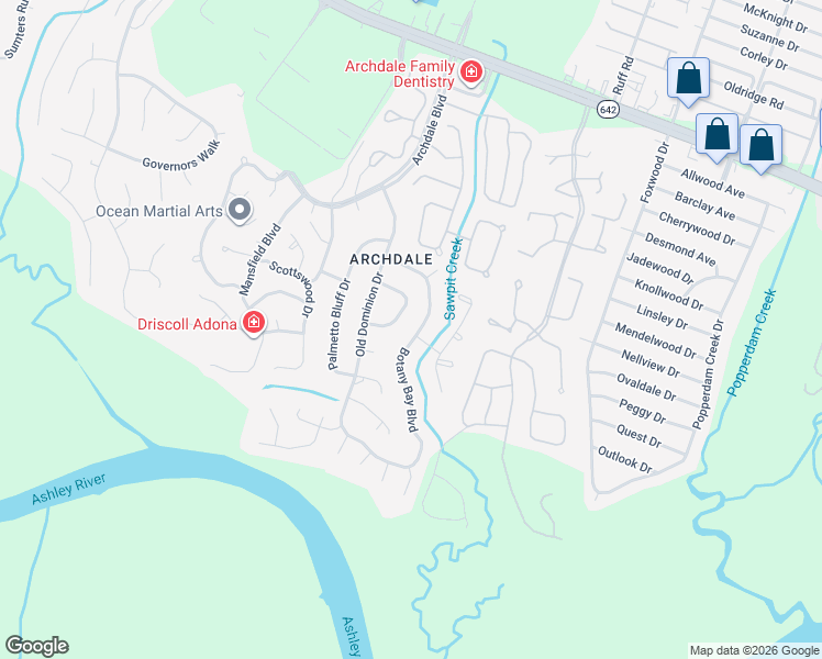 map of restaurants, bars, coffee shops, grocery stores, and more near 120 Botany Bay Boulevard in North Charleston