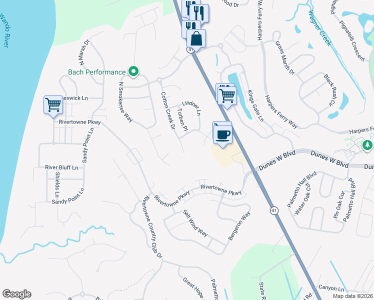 map of restaurants, bars, coffee shops, grocery stores, and more near 2491 Cotton Creek Drive in Mount Pleasant